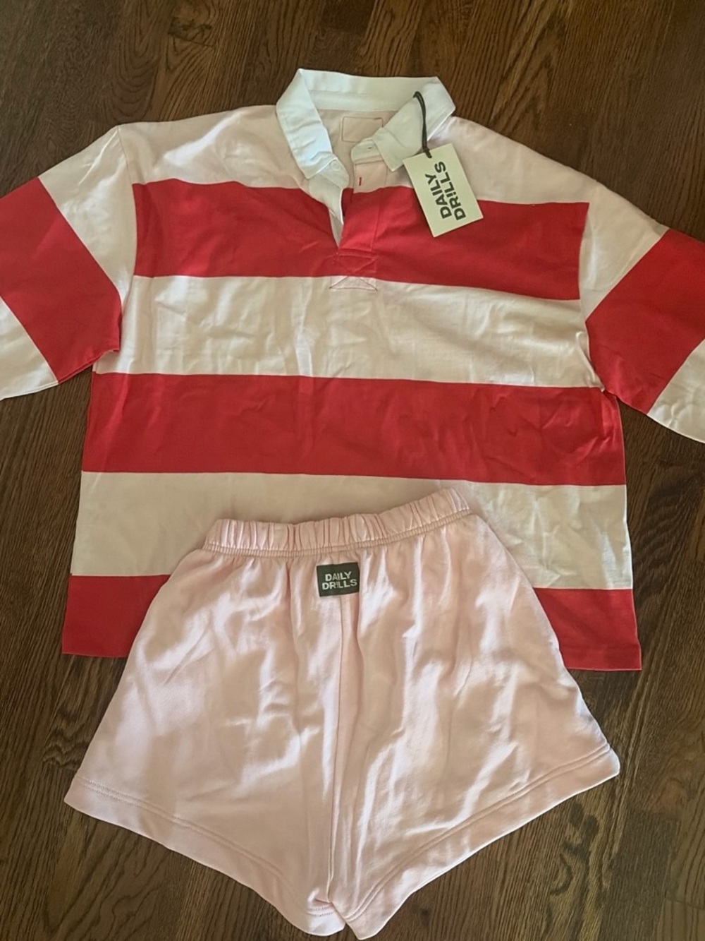 Daily Drills Red & White Striped Rugby Top with Light Pink Shorts